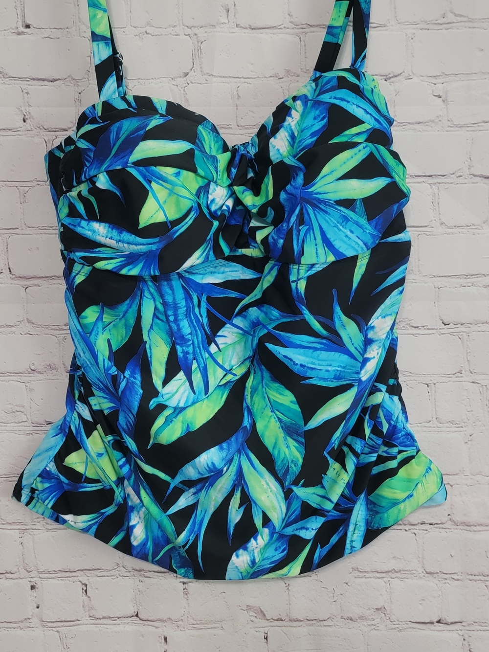 Chaps Swim Top with Blue and Green Tropical Leaf Print 16W